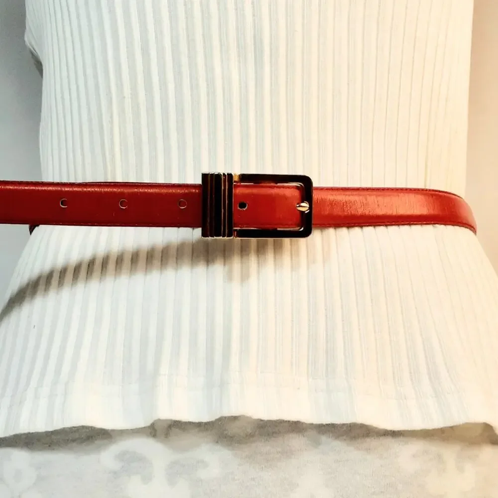 Womens Rose Red Genuine Leather Skinny Belt Size Medium Art Deco Buckle